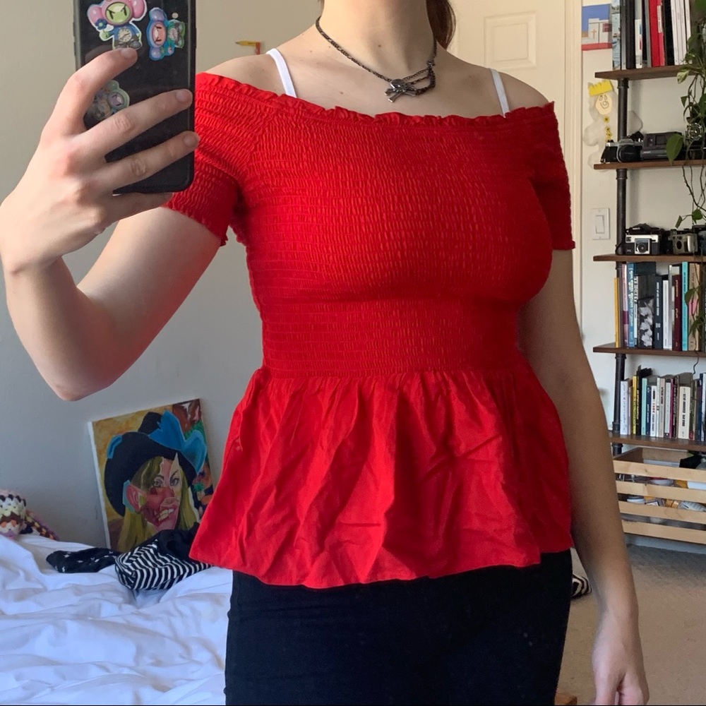Red peplum flowy off shoulder top